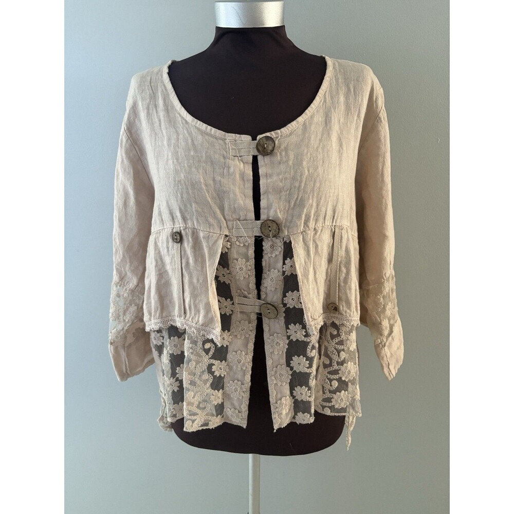 Linen Blouse Jacket Womens XL Blush Pink Lace Detail Boho Fairy Whimsy Coquette
